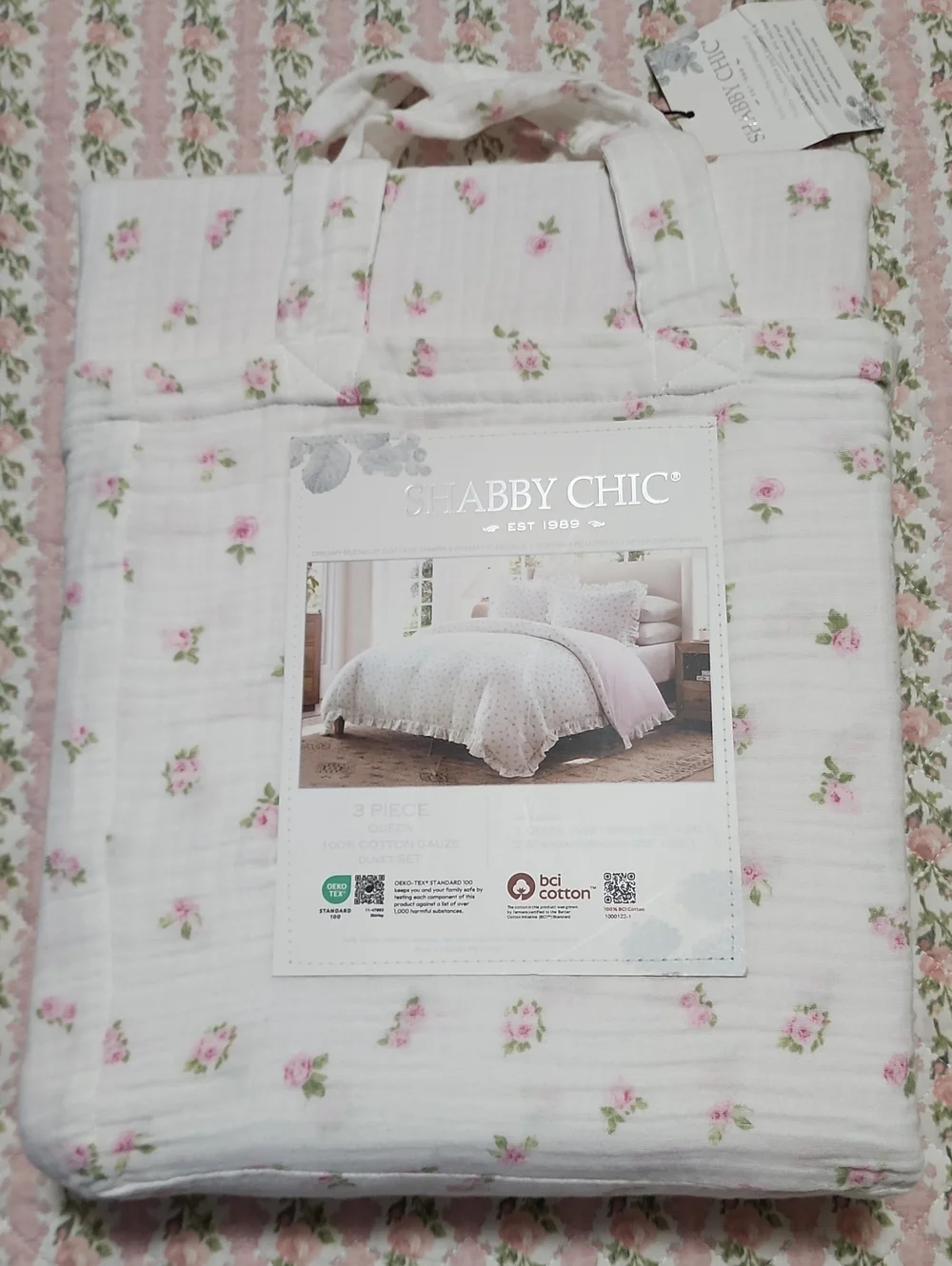 SET Shabby Chic Gauze Cotton Pink Rose Bud Print Duvet Cover + 2 Pillow Covers